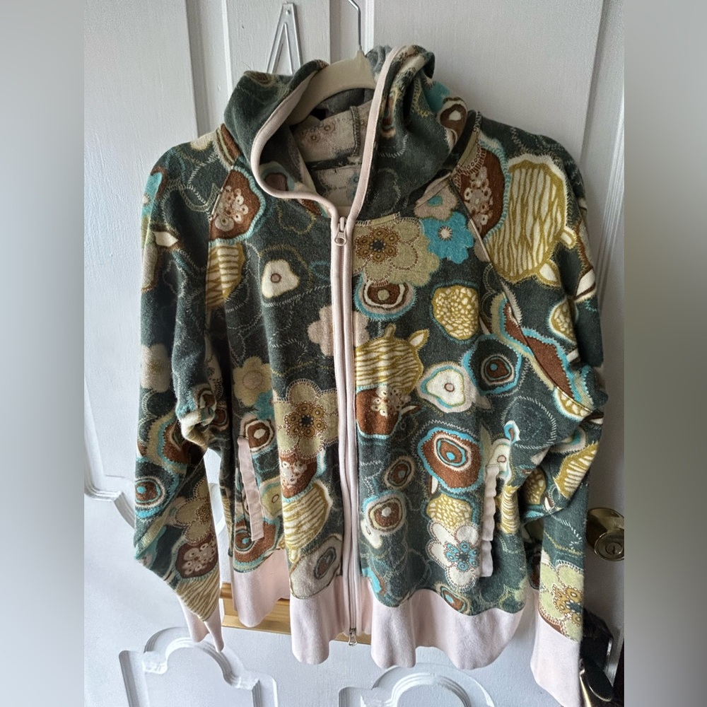 Vintage Y2k Cashmere Blend Green Teal Cream Boho Hoodie Hooded Sweater Zip WL